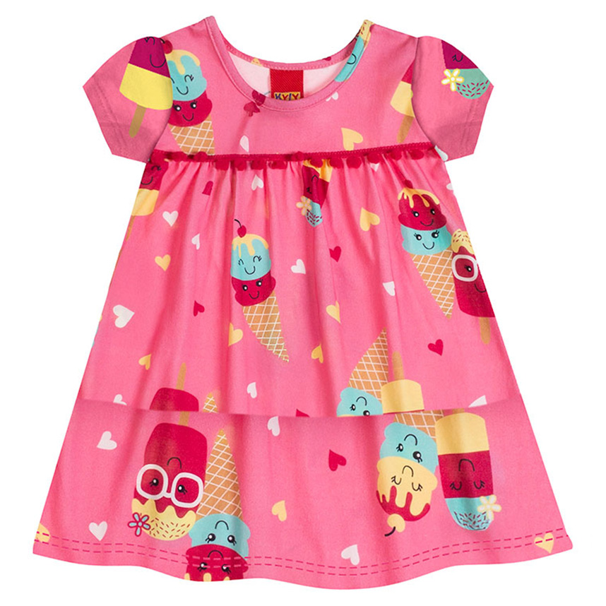 Vestido Infantil Kyly Manga Curta Sorvete Com Fita Pompom Vestido Infantil Kyly Manga Curta Sorvete Com Fita Pompom