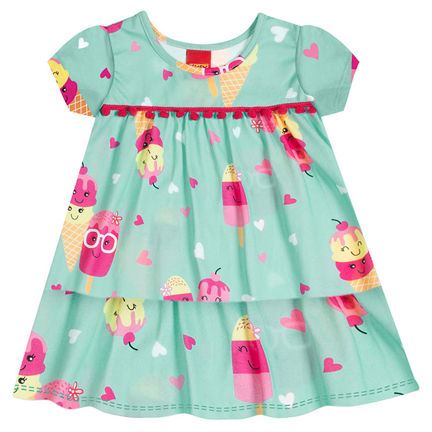 Vestido Infantil Kyly Manga Curta Sorvete Com Fita Pompom Vestido Infantil Kyly Manga Curta Sorvete Com Fita Pompom
