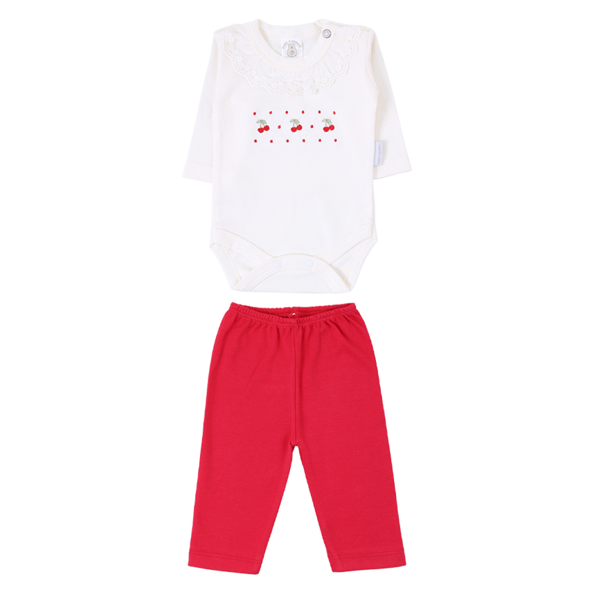 Conjunto Puro Carinho Body Bordado Cereja E Calça 2 Peças