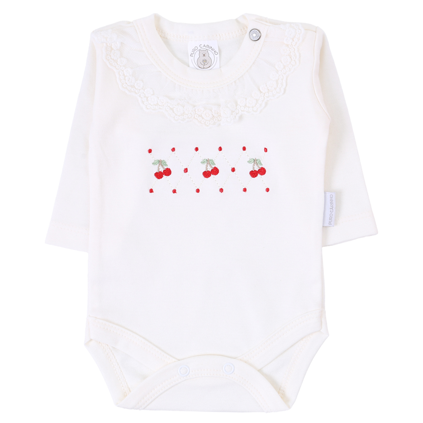 Conjunto Puro Carinho Body Bordado Cereja E Calça 2 Peças