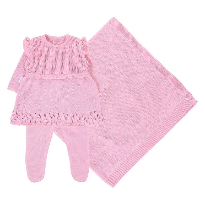 Saída Maternidade Ternura Vestido Tricô E Meia Calça 3 Peças