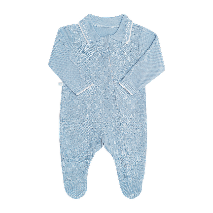 Macacão Bebê Longo Fofinho Tricô Com Gola Bordada