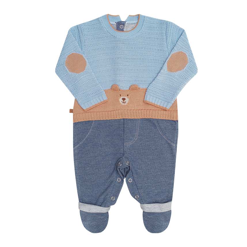 Macacão Bebê Longo Fofinho Tricô Detalhe Urso