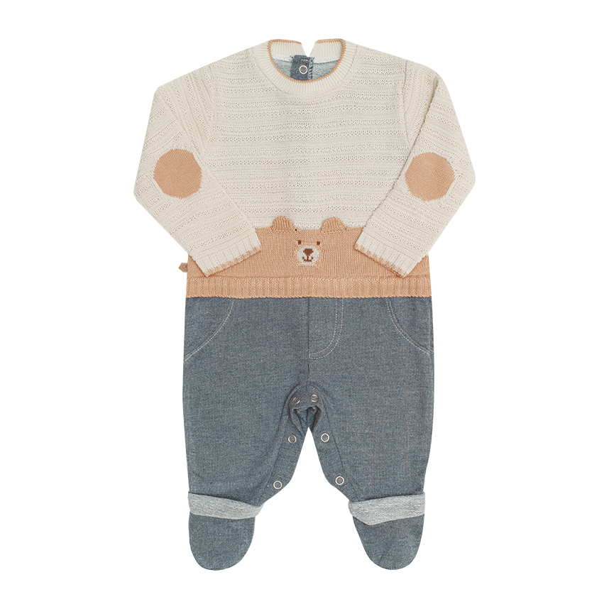 Macacão Bebê Longo Fofinho Tricô Detalhe Urso