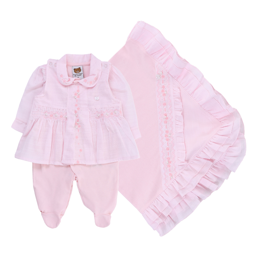 Saída Maternidade Aconchego  Vestido Flor Aplicação  Perólas 3 Peças Saída Maternidade Aconchego  Vestido Flor Aplicação  Perólas 3 Peças