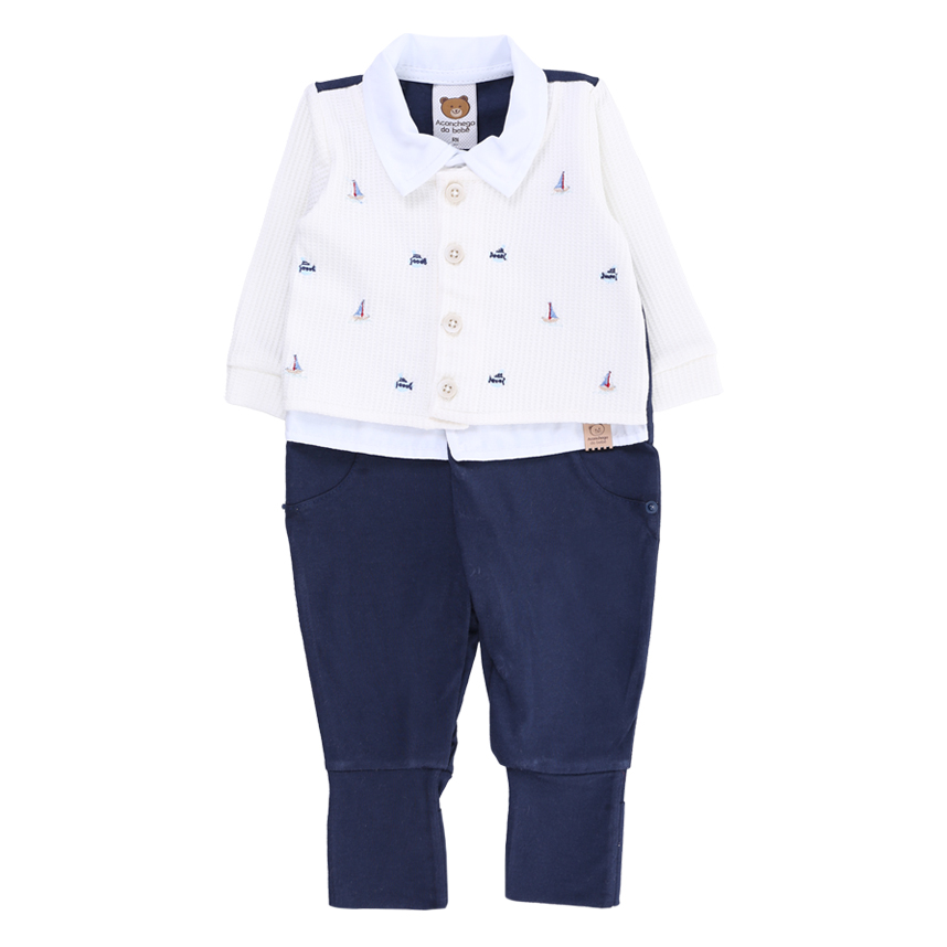 Macacão Bebê Longo Aconchego Pala Bordado Barcos