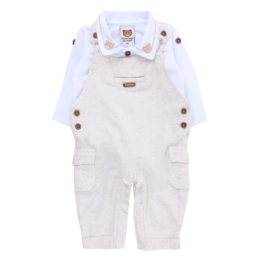 Macacão Bebê Longo Aconchego Jardineira  Com Body  2 Peças
