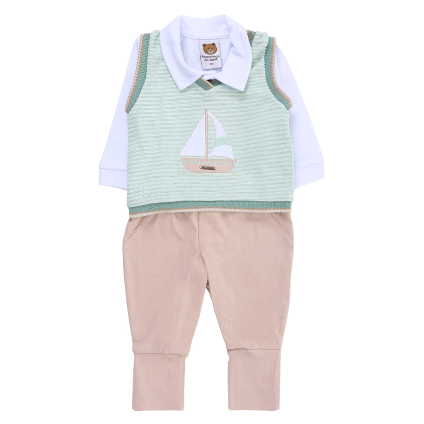 Macacão Bebê Longo Aconchego Colete Listrado  2 Peças