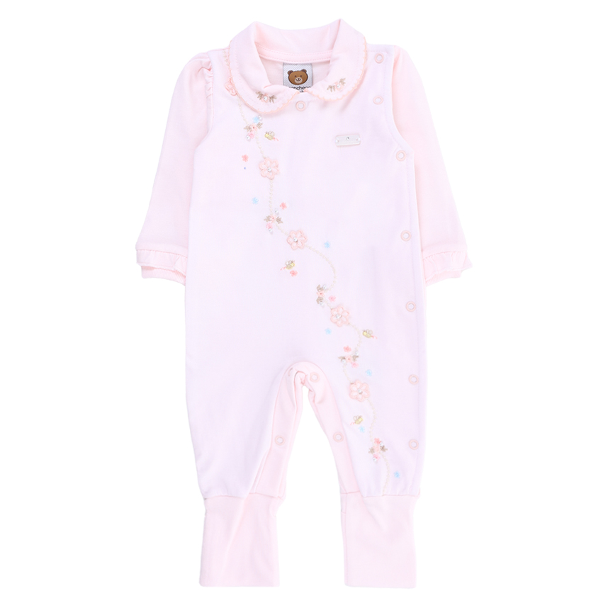 Macacão Bebê Longo Aconchego Bordado Com Flores 3D