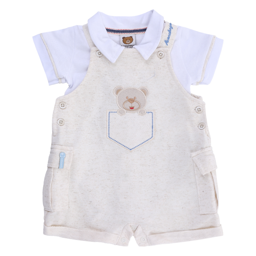 Macacão Curto Aconchego Com  Body  Bordado Urso 2 Peças Macacão Curto Aconchego Com  Body  Bordado Urso 2 Peças