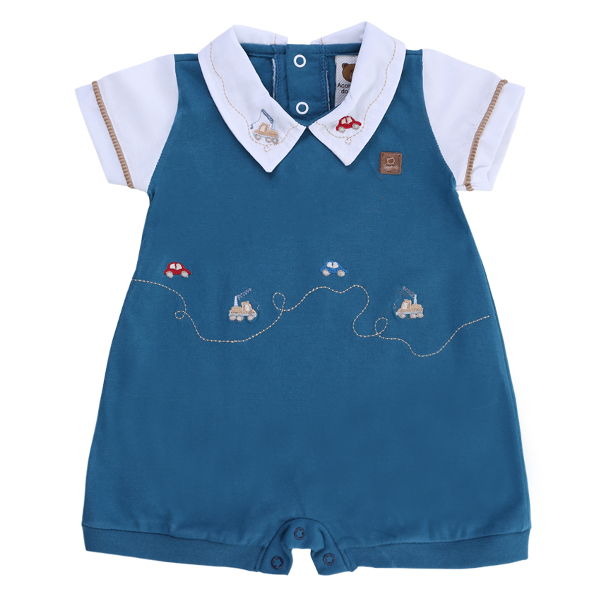 Macacão Bebê Aconchego Tricoline Bordado Carrinho