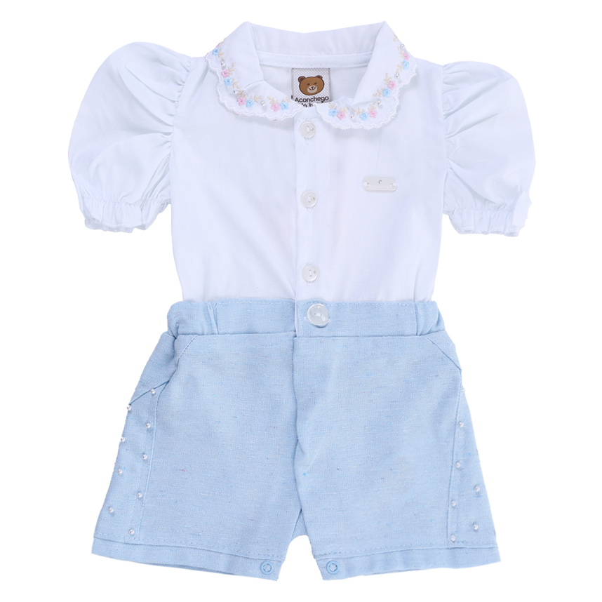 Macacão Curto Bebê Aconchego  Gola Bordada E Pérolas