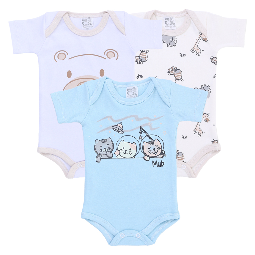 Body Bebê Mub Manga Curta  Bichinhos Gato Urso  3 Peças Body Bebê Mub Manga Curta  Bichinhos Gato Urso  3 Peças