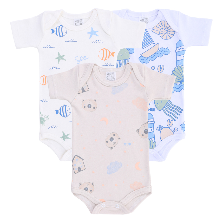 Body Mub Manga Curta Urso Peixe Mar 3 Peças Body Mub Manga Curta Urso Peixe Mar 3 Peças