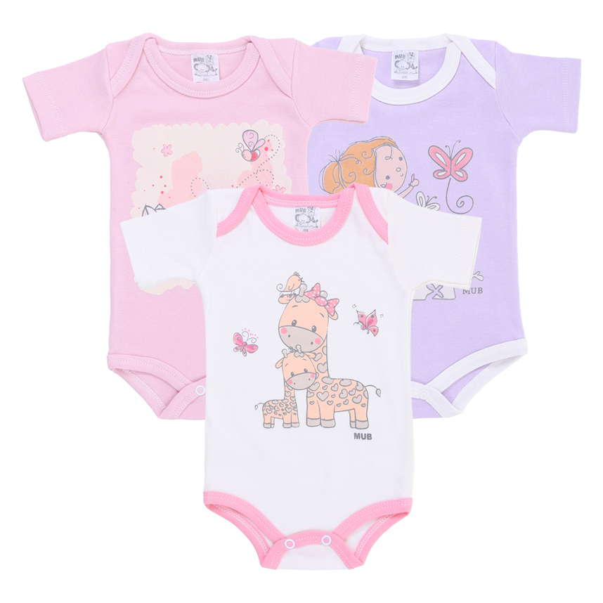 Body Bebê Mub Manga Curta  Borboleta Gata Girafa 3 Peças Body Bebê Mub Manga Curta  Borboleta Gata Girafa 3 Peças