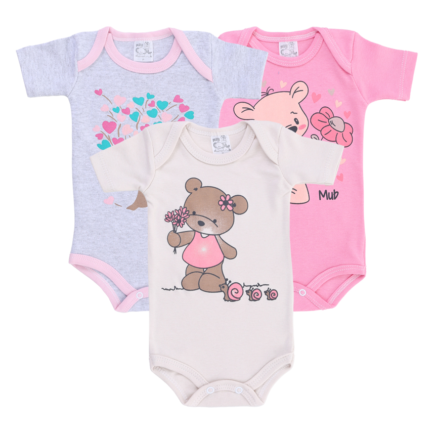 Body Bebê Mub Manga Curta Estampa Ursa Flor Árvore 3 Peças Body Bebê Mub Manga Curta Estampa Ursa Flor Árvore 3 Peças
