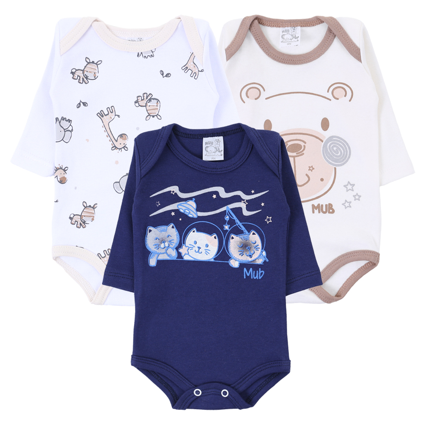 Body Mub Manga Longa Estampa  Bichinhos Gato Urso 3 Peças Body Mub Manga Longa Estampa  Bichinhos Gato Urso 3 Peças