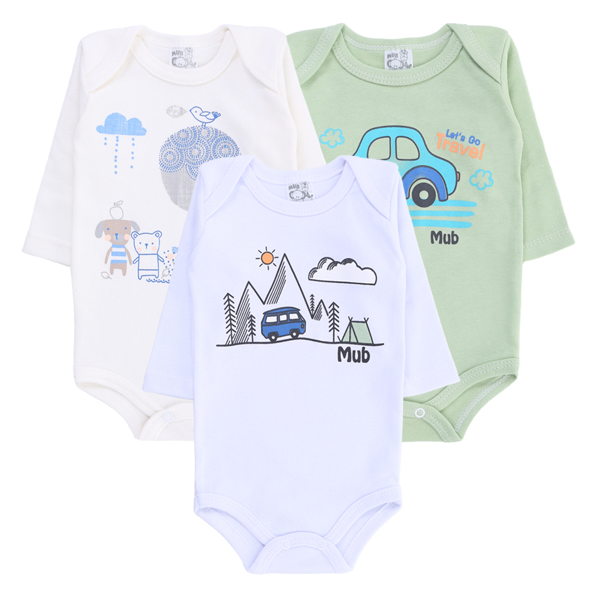 Body Bebê Mub Manga Longa Carro Montanha Bichos 3 Peças Body Bebê Mub Manga Longa Carro Montanha Bichos 3 Peças