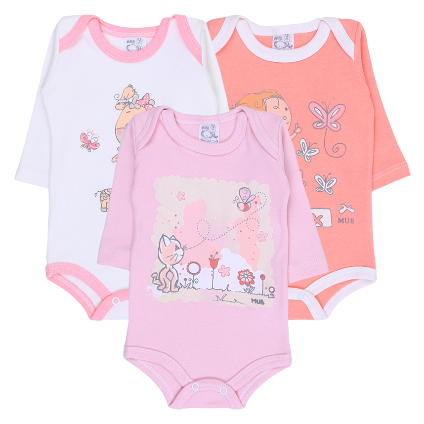 Body Mub Manga Longa Estampa Gata Girafa Menina 3 Peças