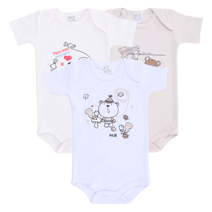 Body Infantil Mub Manga Curta Urso, Cordas e Esquilo 3 Peças Body Infantil Mub Manga Curta Urso, Cordas e Esquilo 3 Peças