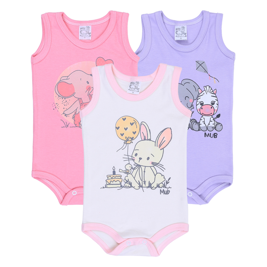 Body Bebê Mub Regata Elefante, Coelha Com Bolo 3 Peças