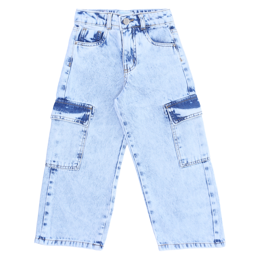 Calça Jeans Infantil Garota Lua Wide Leg Bolsos Cargo Calça Jeans Infantil Garota Lua Wide Leg Bolsos Cargo