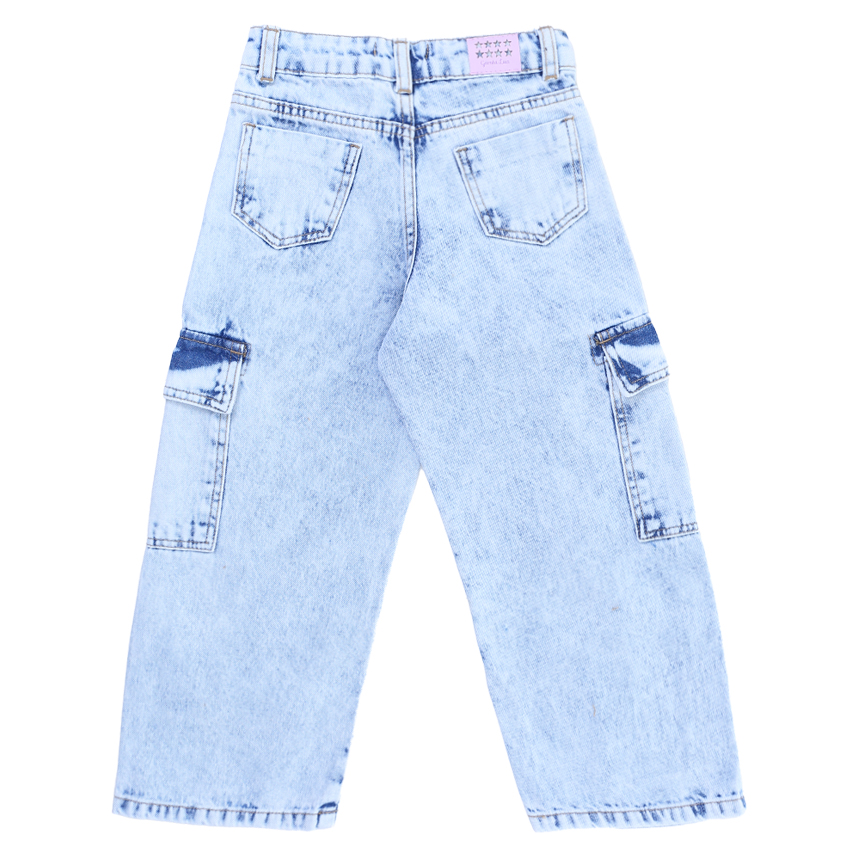 Calça Jeans Infantil Garota Lua Wide Leg Bolsos Cargo Calça Jeans Infantil Garota Lua Wide Leg Bolsos Cargo