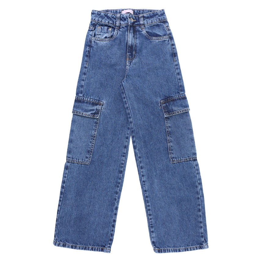 Calça Jeans Juvenil  Garota Lua Wide Leg Bolso Cargo Calça Jeans Juvenil  Garota Lua Wide Leg Bolso Cargo