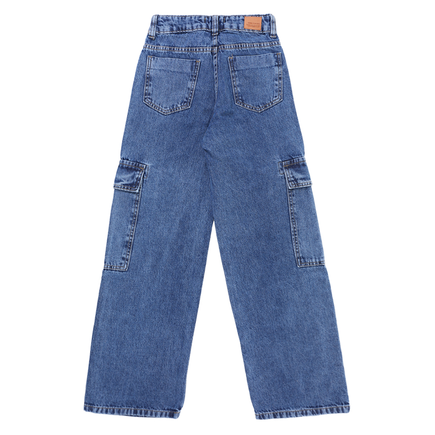 Calça Jeans Juvenil  Garota Lua Wide Leg Bolso Cargo Calça Jeans Juvenil  Garota Lua Wide Leg Bolso Cargo