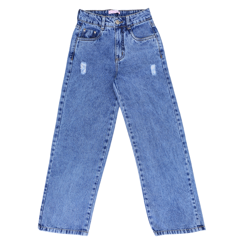 Calça Jeans Juvenil Garota Lua Wide Leg Detalhe Puído
