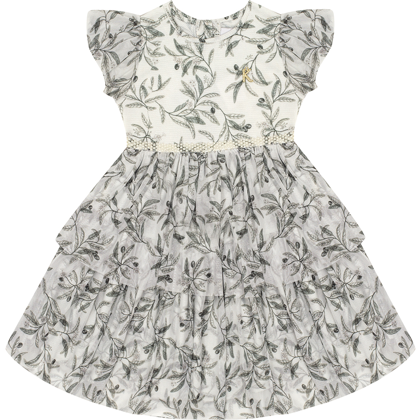 Vestido Infantil Kiki Estampa Folhas Babado Com Cinto Pérola Vestido Infantil Kiki Estampa Folhas Babado Com Cinto Pérola