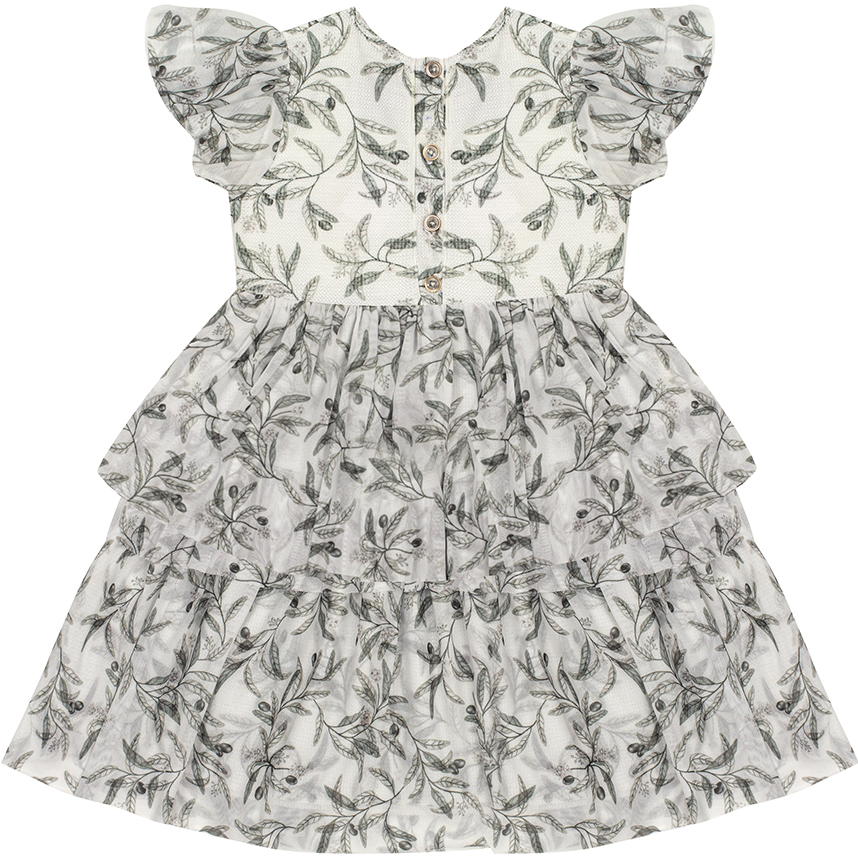 Vestido Infantil Kiki Estampa Folhas Babado Com Cinto Pérola Vestido Infantil Kiki Estampa Folhas Babado Com Cinto Pérola