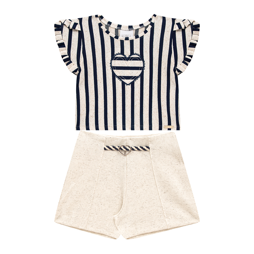 Conjunto Infantil Kiki Blusa Listras Bordado Coração E Short Conjunto Infantil Kiki Blusa Listras Bordado Coração E Short