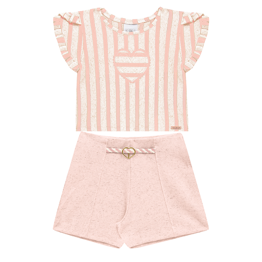 Conjunto Infantil Kiki Blusa Listras Bordado Coração E Short Conjunto Infantil Kiki Blusa Listras Bordado Coração E Short