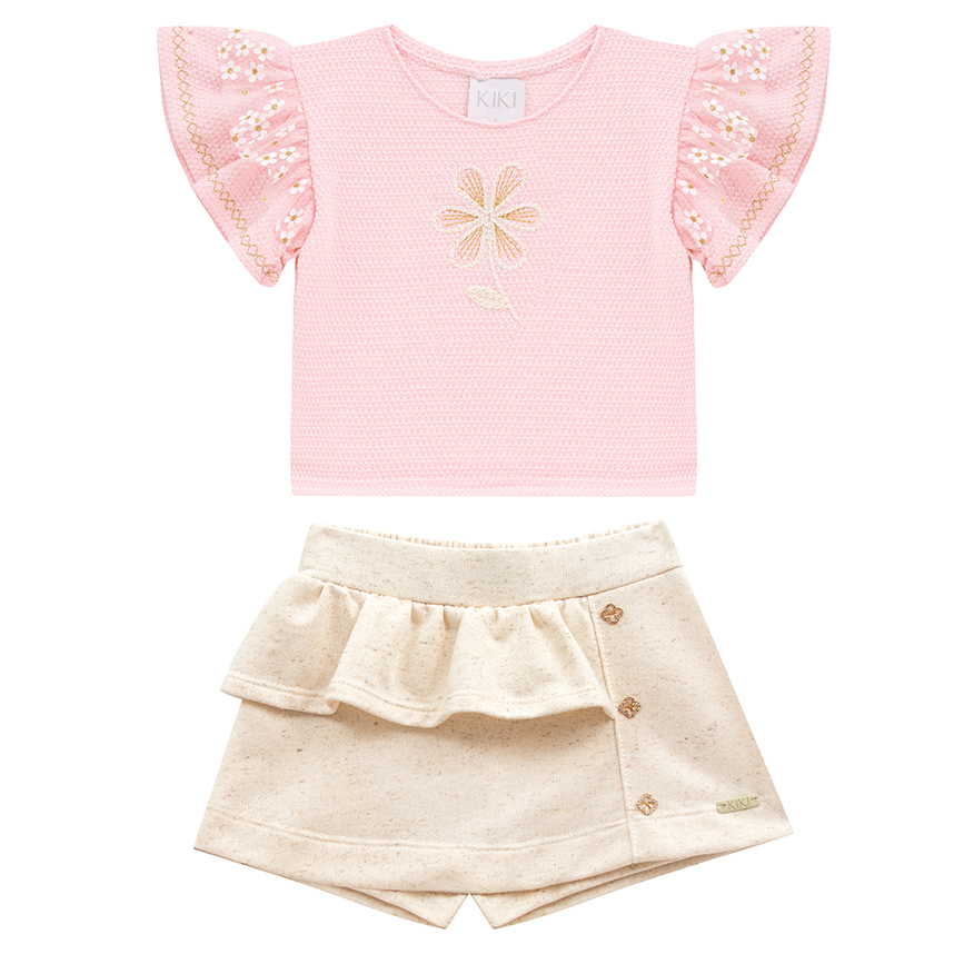 Conjunto Infantil Blusa Bordado Flor E Short Saia Com Babado Conjunto Infantil Blusa Bordado Flor E Short Saia Com Babado