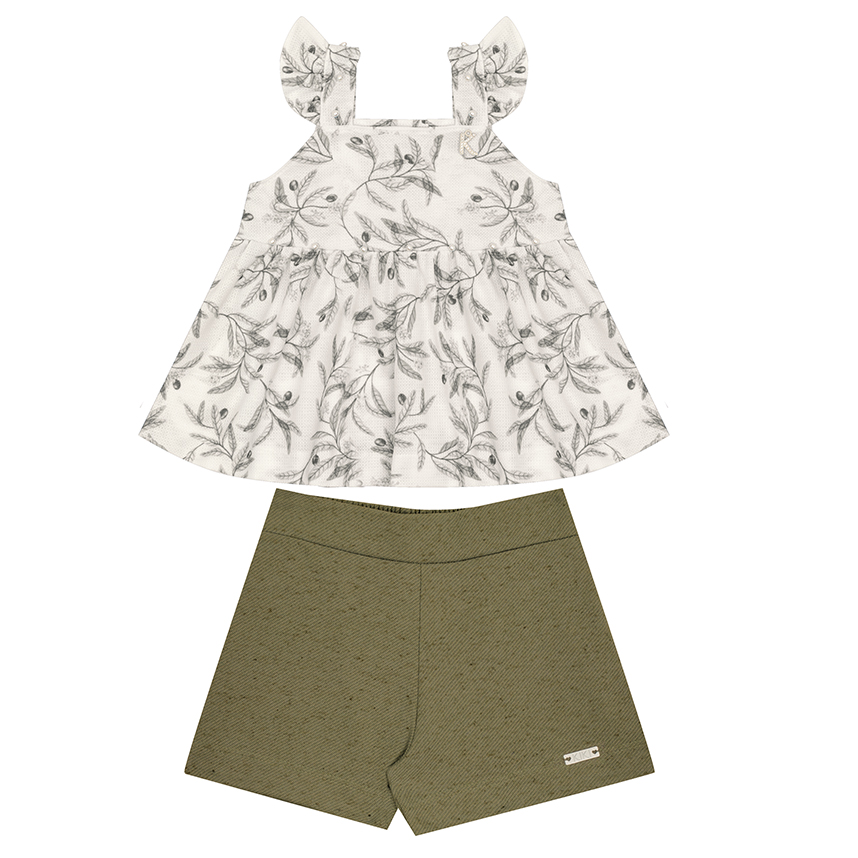 Conjunto Infantil Kiki Bata Babados Estampa Folhas E Short Conjunto Infantil Kiki Bata Babados Estampa Folhas E Short
