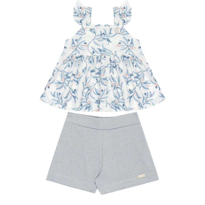 Conjunto Infantil Kiki Bata Babados Estampa Folhas E Short Conjunto Infantil Kiki Bata Babados Estampa Folhas E Short