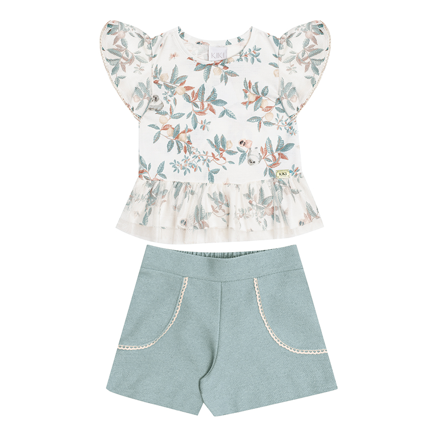 Conjunto Infantil Kiki Blusa Estampa Folhas Babado E Short Conjunto Infantil Kiki Blusa Estampa Folhas Babado E Short
