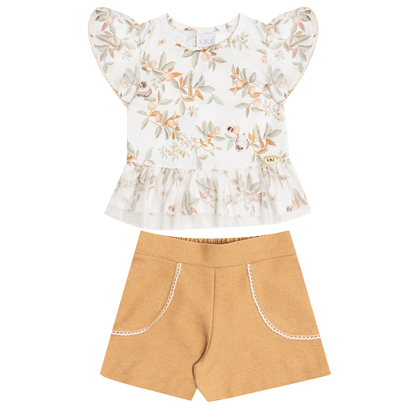 Conjunto Infantil Kiki Blusa Estampa Folhas Babado E Short Conjunto Infantil Kiki Blusa Estampa Folhas Babado E Short