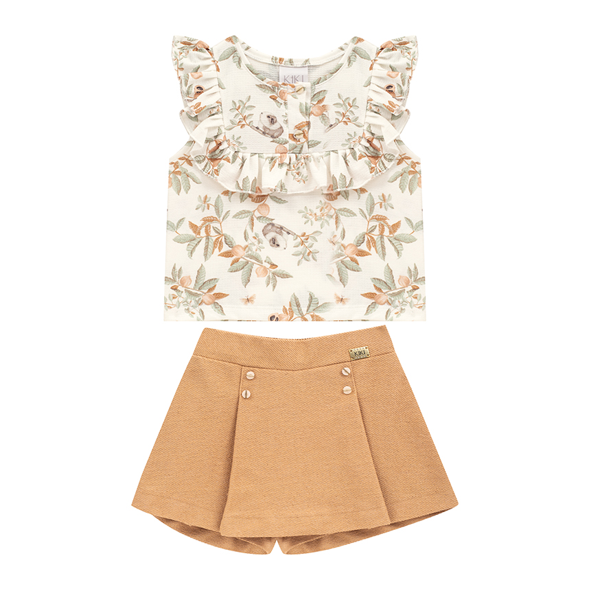 Conjunto Infantil Kiki Blusa Estampa Folhas E Short Saia Conjunto Infantil Kiki Blusa Estampa Folhas E Short Saia