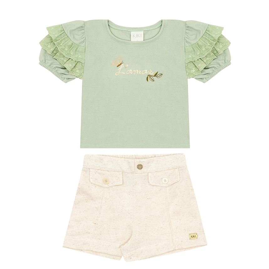 Conjunto Infantil Kiki Blusa Com Babado E Bordado Com Short Conjunto Infantil Kiki Blusa Com Babado E Bordado Com Short