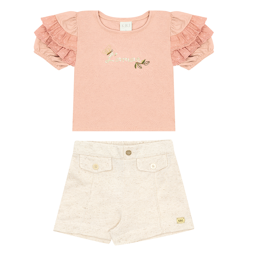 Conjunto Infantil Kiki Blusa Com Babado E Bordado Com Short Conjunto Infantil Kiki Blusa Com Babado E Bordado Com Short