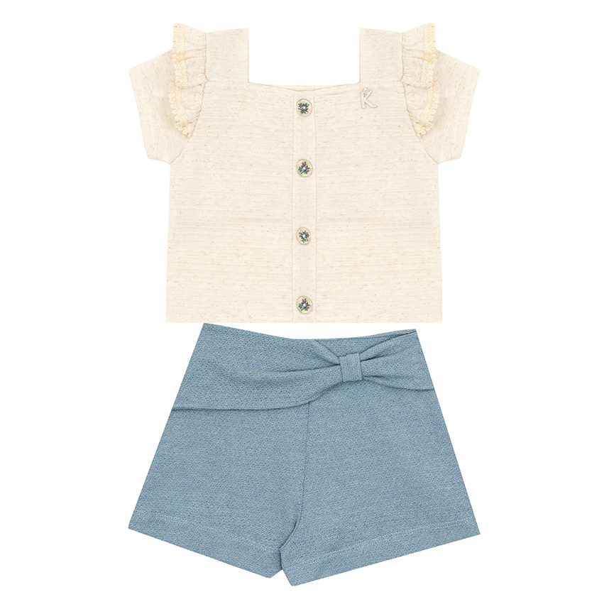 Conjunto Infantil Kiki Blusa Manga Com Babado E Short Conjunto Infantil Kiki Blusa Manga Com Babado E Short