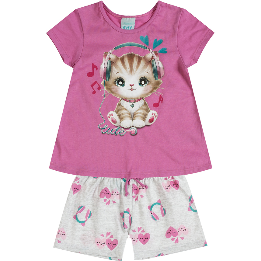 Pijama Infantil Kyly Meia Malha Menina Estampa Gatinha Pijama Infantil Kyly Meia Malha Menina Estampa Gatinha