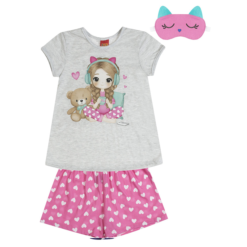 Pijama Infantil Kyly Menina Curto Urso Coração Com Máscara