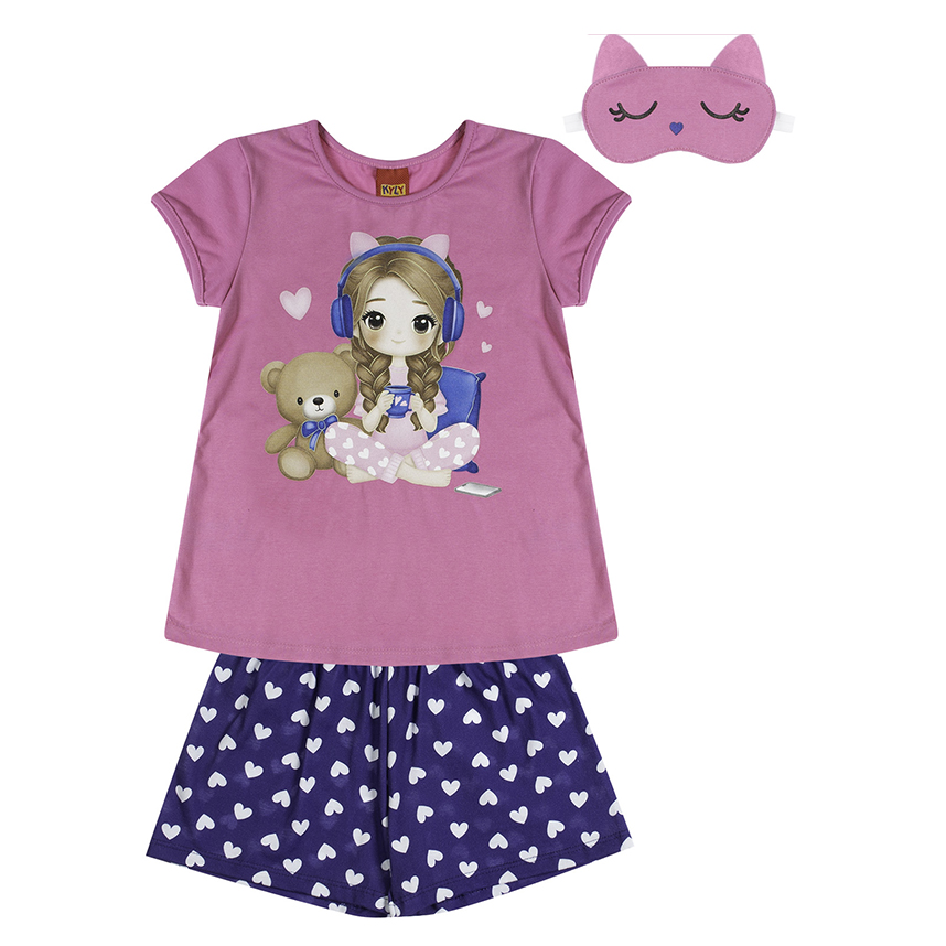 Pijama Infantil Kyly Menina Curto Urso Coração Com Máscara Pijama Infantil Kyly Menina Curto Urso Coração Com Máscara