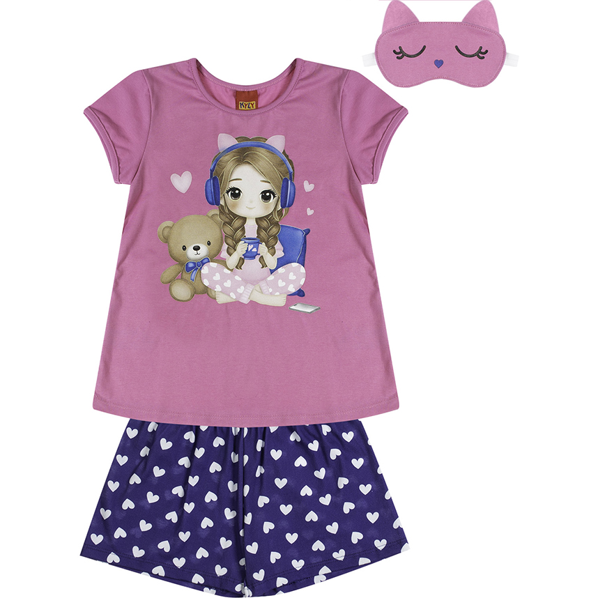 Pijama Juvenil Kyly Menina Curto Urso Coração Com Máscara