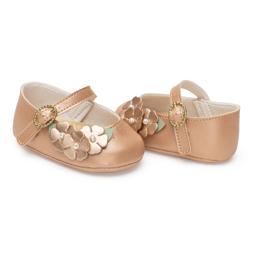 Sapatilha Bebê Pimpolho com Fivela, Flores e Pérolas