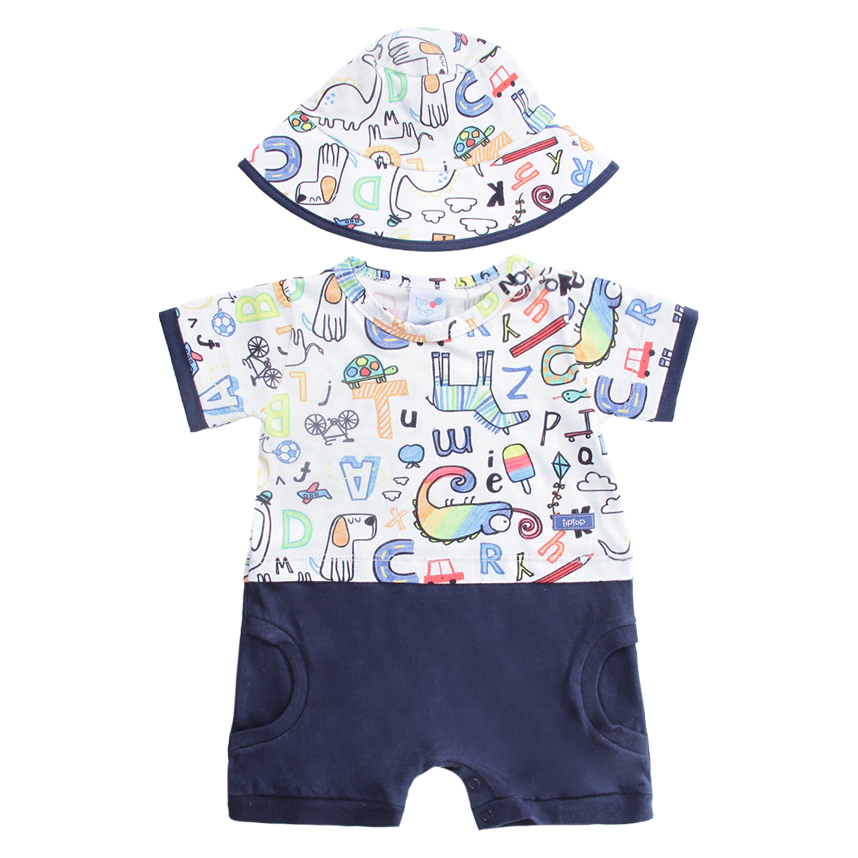 Macacão Curto Bebê Tip Top Estampa Bichos Com Chapéu