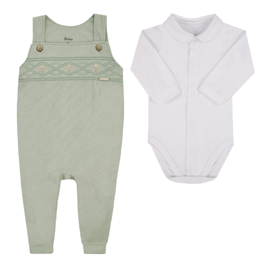 Macacão Longo Bebê Paraíso Jardineira Bordada 2 Peças